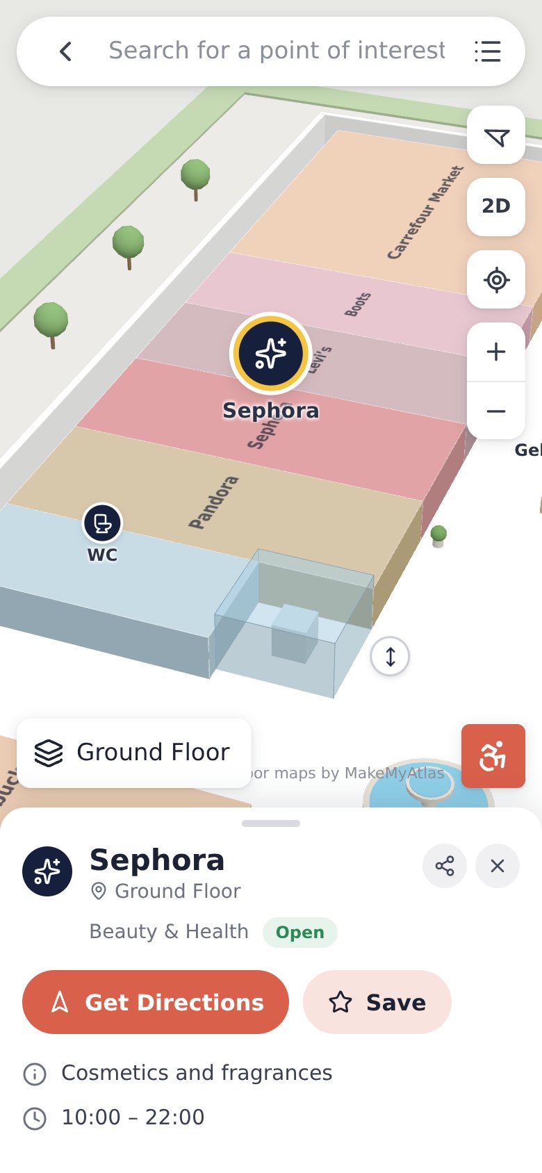 Place card with opening hours and Get Directions