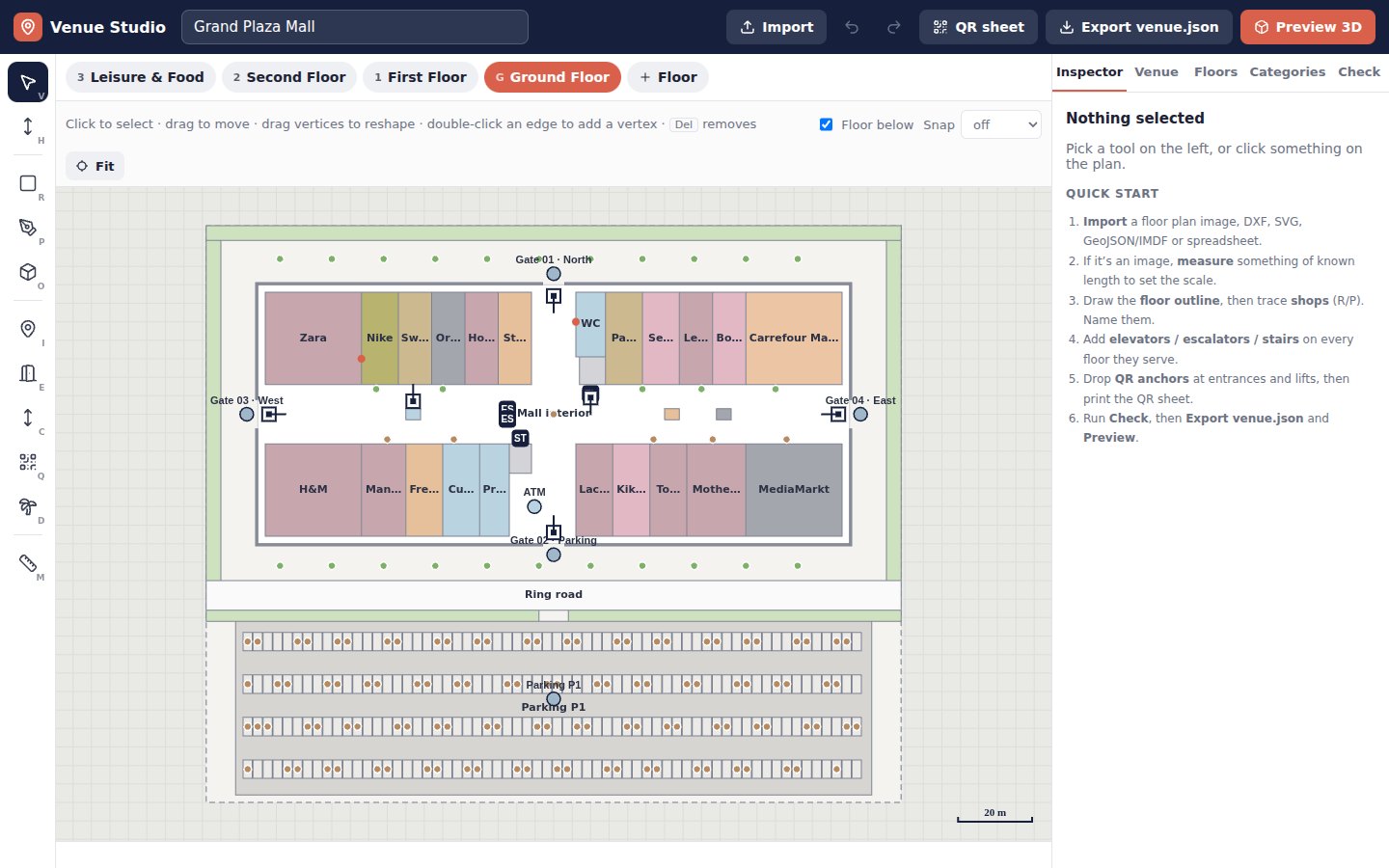 Venue Studio editor showing a mall floor plan